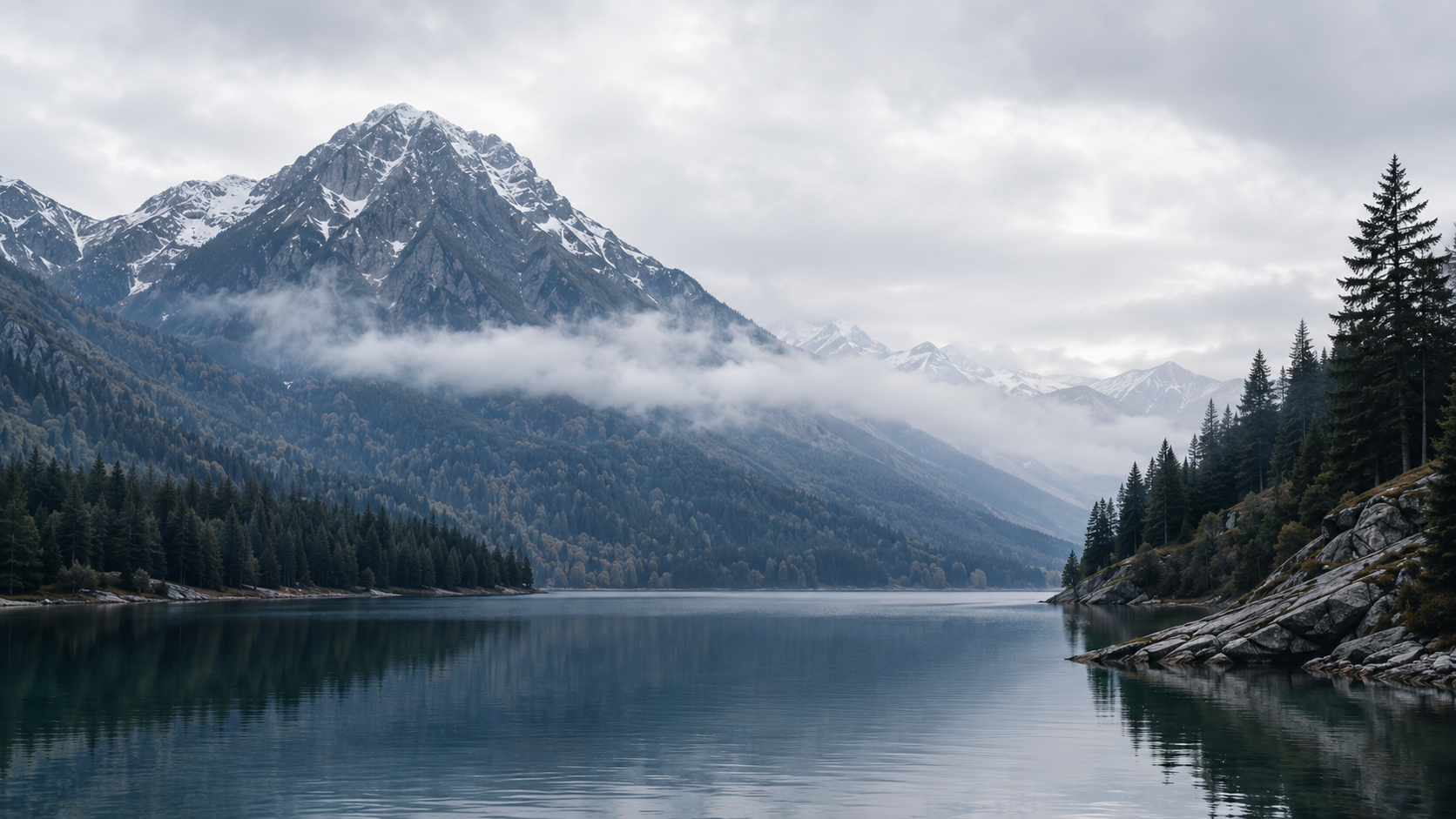 A calm mountain lake surrounded by evergreens