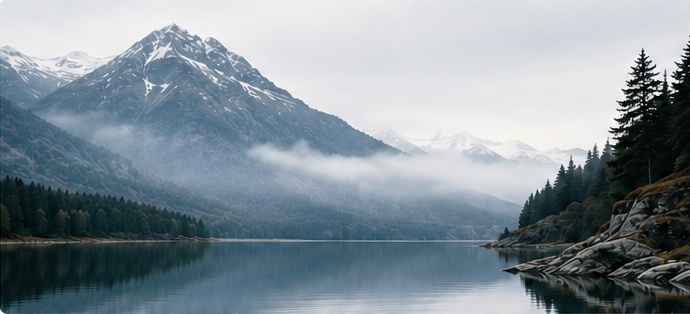 Mountain lake beneath a soft cloudy sky